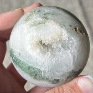 Moss Agate Sphere w/ Heart-Shaped Druzy Pocket
